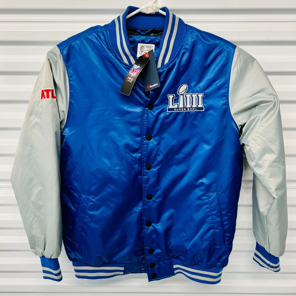 Fanatics Super Bowl LIII Mens Satin Jacket Atlanta Blue White Long Sleeve L NEW
